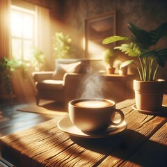Cozy lifestyle scene with a cup of coffee on a wooden table by a sunlit window, warm tones, soft shadows, shallow depth of field, photorealistic.