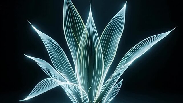 Illuminated plant with flowing, luminous leaves against a dark background, showcasing intricate patterns and ethereal light
