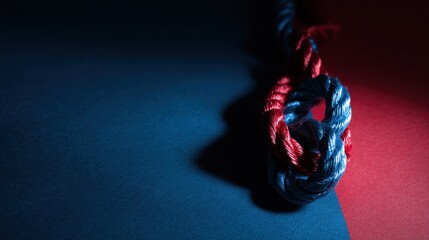 Close-up knotted rope on blue and red background with dramatic lighting, strength and teamwork concept