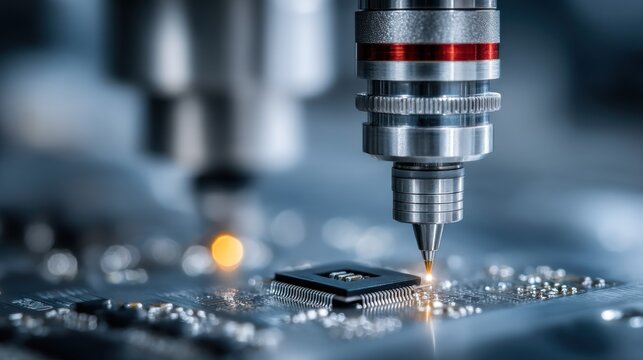 Automated industrial machinery precisely connects a semiconductor component onto a printed circuit board