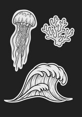 Vintage engraving style stickers featuring a detailed jellyfish with long tentacles, branching coral, and a crashing ocean wave on black