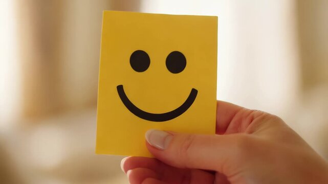 Smile on a yellow paper held in hand indoors during daylight hours
