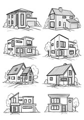 Collection of eight hand drawn architectural sketches of modern residential houses and suburban family homes featuring garages and varying roof styles in black and white ink style