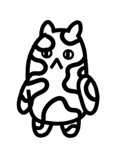 Minimalist black and white hand drawn sketch of a cute chubby spotted cat monster standing upright with a slightly grumpy expression and rough ink strokes