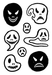 Set of hand-drawn black and white spooky ghost faces and scary monster emojis featuring angry sad and creepy expressions for Halloween party decoration and horror themes