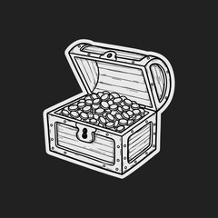 Hand drawn open treasure chest sticker filled with coins featuring black and white line art style and white border isolated on dark surface for wealth and pirate concepts