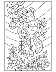 Stained glass style squirrel playing among spring flowers with hanging easter eggs coloring page