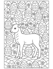 A cute baby lamb standing among many patterned easter eggs and delicate flowers