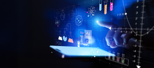 Digital Chemistry Research Concept With Laboratory Symbols Experiments And Scientific Data.