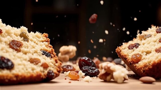 Loaf of cake bursting open with nuts and raisins flying in a dark setting, creating a dynamic and visually appealing scene