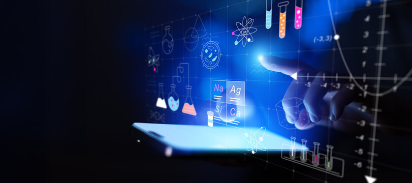 Digital Chemistry Research Concept With Laboratory Symbols Experiments And Scientific Data. - Powered by Adobe