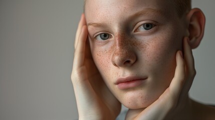 Medical photography, young adult with Marfan syndrome characteristics, tall slender build, long fingers arachnodactyly, gentle natural lighting, neutral medical background