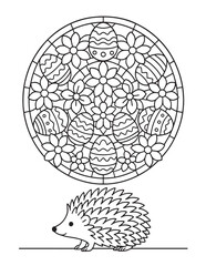 Charming hedgehog stands beside an intricate circular design filled with flowers and decorated easter eggs