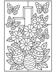A delightful easter coloring page showcasing a radiant cross, vibrant spring flowers, patterned eggs, and elegant butterflies