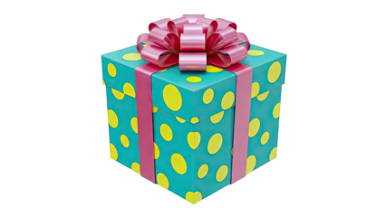 Teal Gift Box with Yellow Polka Dots and Pink Ribbon