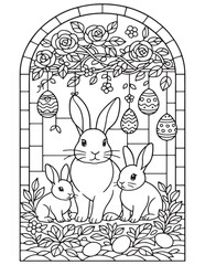A joyful easter bunny family with decorated eggs in a charming stained-glass window design