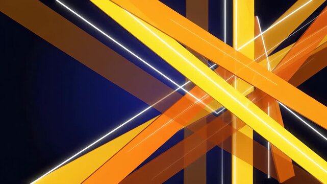 Dynamic abstract geometric shapes bright yellow orange lines on dark blue background