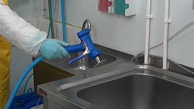 A worker, wearing protective gear, is preparing to rinse items. They are standing by a stainless steel sink, equipped with a blue spray nozzle and hose. Safety is paramount in this industrial kitchen.