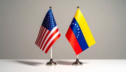US and Venezuela table flags side by side on plain background, symbolizing diplomatic relations and connection.