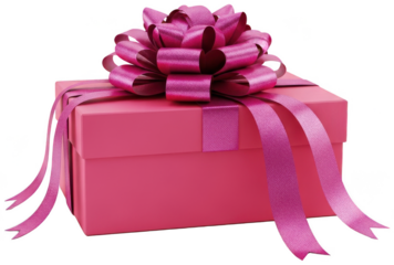Pink gift box with large sparkly magenta ribbon and decorative bow