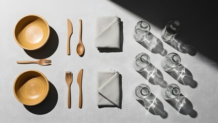Minimalist flat lay of two bamboo dinner place settings with bowls wooden cutlery and white folded napkins arranged on a clean white tablecloth with glass bottles casting strong shadows on right side