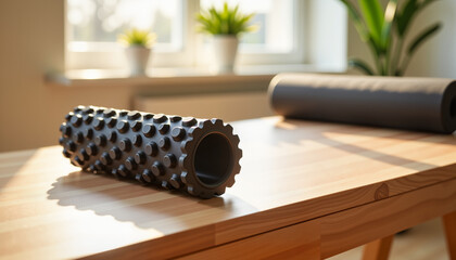 Stylish foam massage roller on wooden table in minimalist gym, relaxation