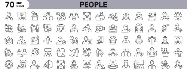 People line icon set illustrating teamwork, leadership, communication, collaboration, relationship, education. Editable stroke outline