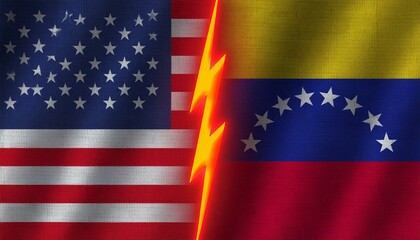 US and Venezuela flags separated by jagged lightning bolt, symbolizing clash and geopolitical division.