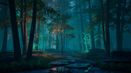 Fototapeta premium Mysterious dark forest path illuminated by ethereal glowing lights suggesting magic and deep woodland enchantment