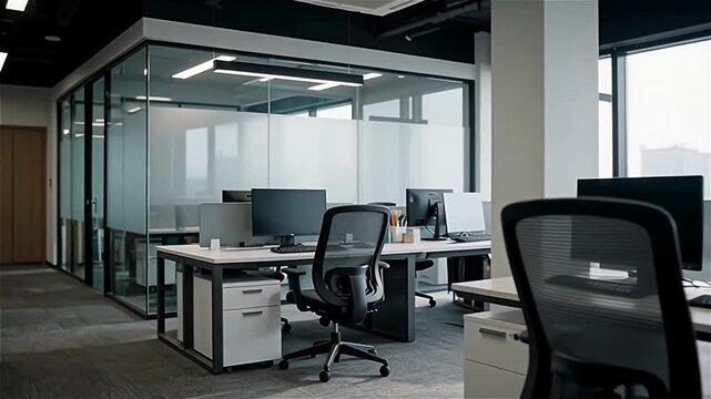 Modern office workspace featuring ergonomic chairs, large windows, and computers on desks, creating a professional and organized atmosphere