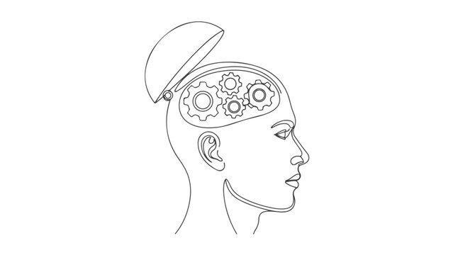 Continuous one line art vector illustration of a human head in profile with open skull revealing gears, representing the concept of thought processes and ideas