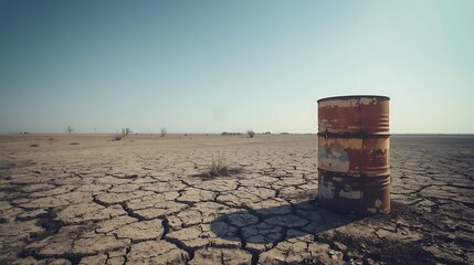 Geopolitical Oil Tension Rusty Barrel on Dry Cracked Earth Under Clear Blue Sky Landscape