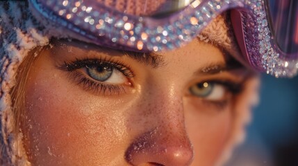Extreme close up captures woman wearing winter sports goggles dusted with frost
