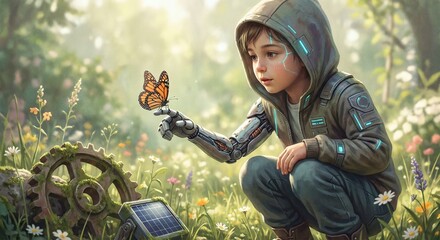 Cybernetic Child and Butterfly Representing Humanity, Innocence and Future Ethics