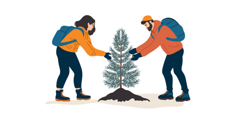 man and woman planting a young fir tree illustration