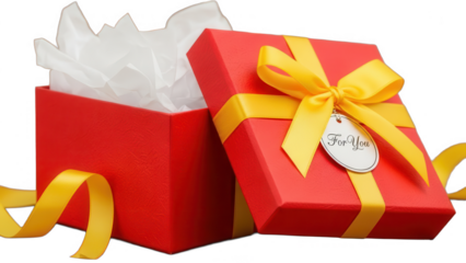 Open red gift box with yellow ribbon bow and white tissue paper