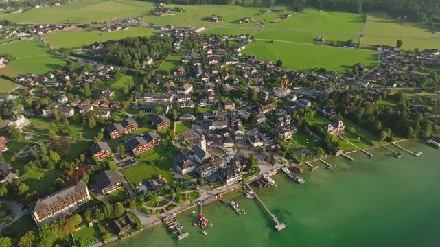 Aerial view of Wolfgangsee lake Austria. Beautiful town on the shore of the lake in an Alpine valley.