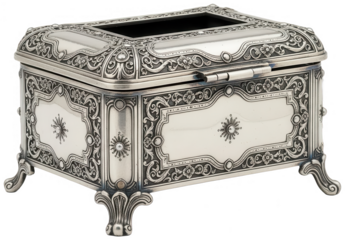 Antique silver jewelry box with intricate baroque and rococo style engraving resting on decorative carved legs