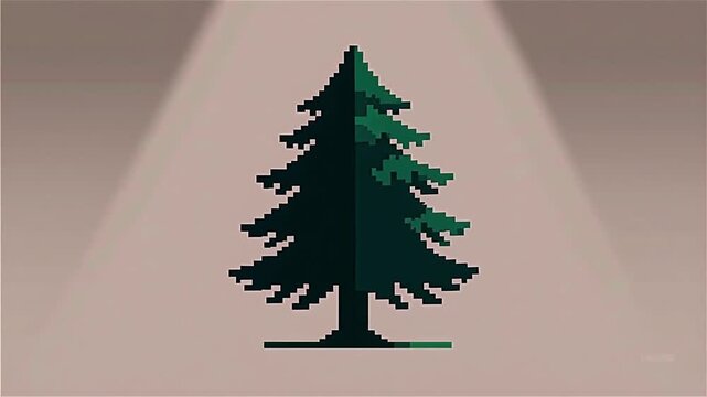 A pixelated green tree illustration set against a neutral background illuminated by soft light, creating a minimalist aesthetic