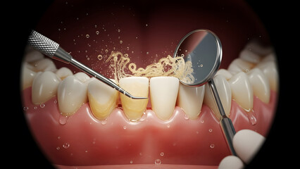Dental Treatment Illustration Showing Tooth Decay Removal and Dental Tools
