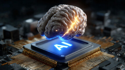 Human brain with AI symbol on glowing blue microchip circuit board technology concept