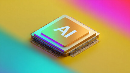 Colorful gradient AI chip logo on vibrant rainbow holographic background with modern design