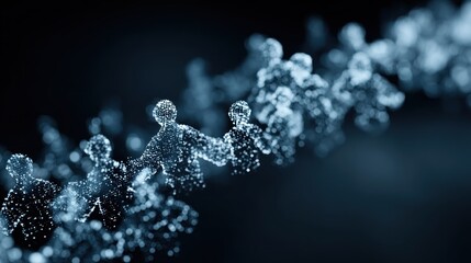 Digital figures interconnected in a luminous, flowing structure against a dark background