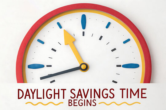 Daylight Savings Time Begins With Colorful Clock Image Highlighting Time Change and Reminder

