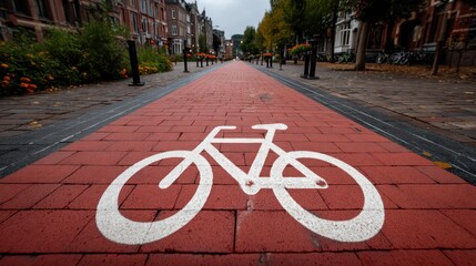 White bicycle symbol painted on a brick-paved path designated for cycling movement