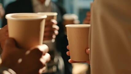 Close-up of diverse business colleagues toasting with coffee cups in office.