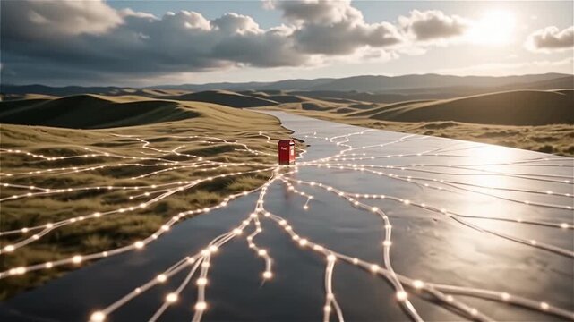 A striking visual of a red mailbox surrounded by glowing pathways on a grassy landscape by a calm body of water