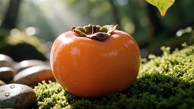 Close-up of a ripe orange persimmon resting on smooth pebbles surrounded by vibrant green moss and dappled sunlight filtering through trees