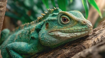 Fototapeta premium Close up profile portrait showcases vibrant green reptile perched on rough wood