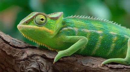 Fototapeta premium Vivid green reptile rests horizontally upon a textured piece of weathered wood